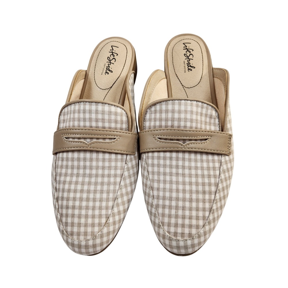 LifeStride Margot Slide Gingham Loafer Mules‎ Women 11W Beige Tan Comfort Flex